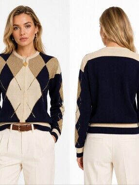 Antonella Preve‎ Argyle Cardigan SP Navy Gold Embellished Vintage Designer USA